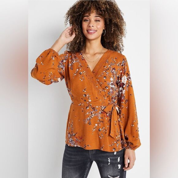 Maurices Long Sleeve Floral Crochet Wrap V-Neck Blouse Top Rust Orange Small - Picture 1 of 8